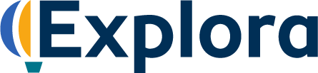 Blue text, featuring a blue and yellow hot air balloon logo