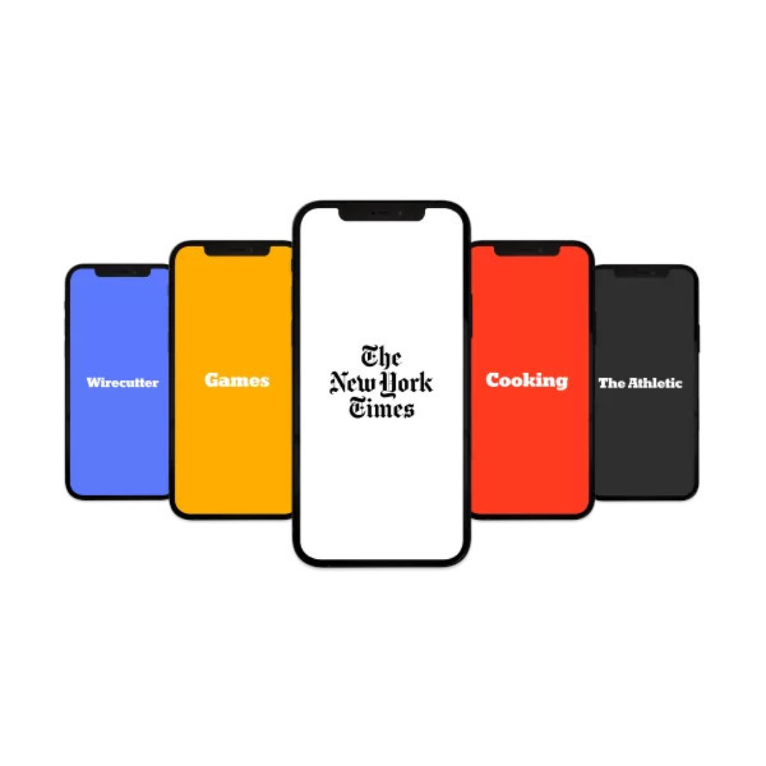A series of smartphones displaying apps accessible via New York Times All Access service