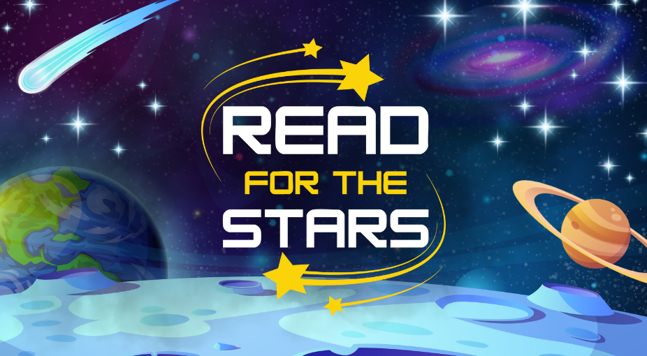 Illustration of a solar system, including Earth, another planet, a meteor and stars. Image includes text that reads: Read For the Stars.