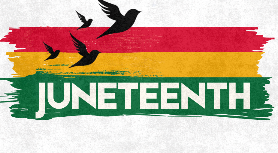 Three horizontal paint stripes in red, yellow and green across the image. Silhouettes of four birds flying. Image contains text that reads: JUNETEENTH