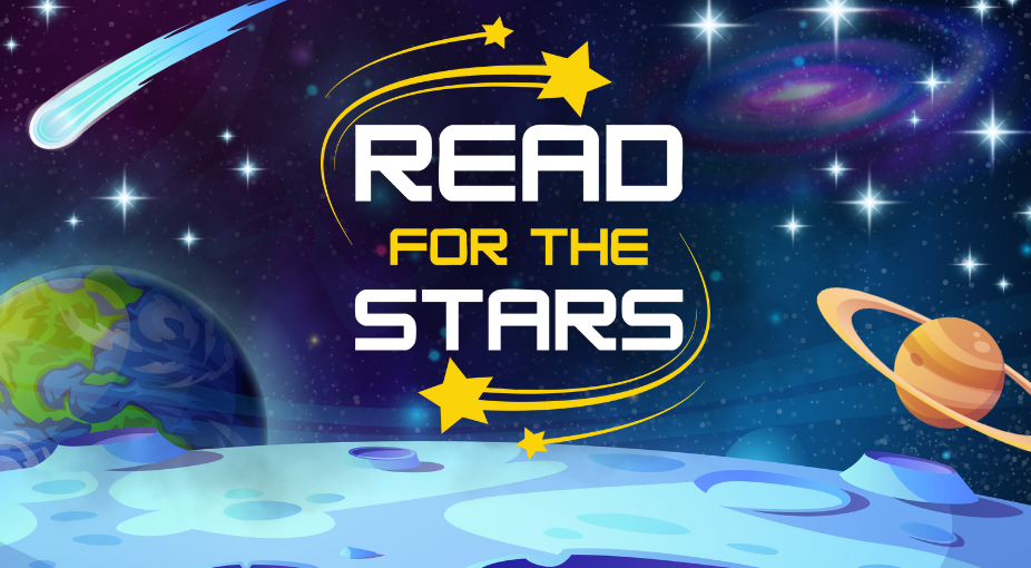 Illustration of a solar system, including Earth, another planet, a meteor and stars. Image includes text that reads: Read For the Stars.