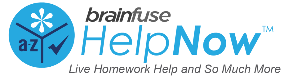Blue circle with three sections - a flower, a check mark and a-z. Images includes text that reads: Brainfuse Help Now Live Homework Help and So Much More.