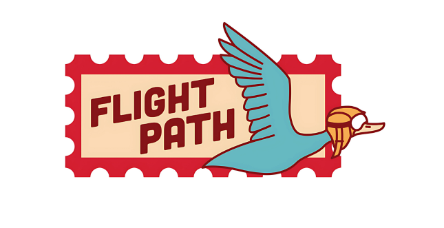 Graphic of a bird wearing an old school flight cap with a ticket in the background. Text: Flight Path.