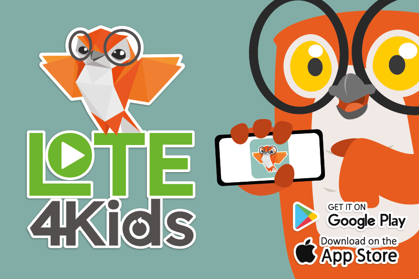 Two orange illustrated owls. One is flapping wings. One is showing a smartphone app. Text in green and grey colors. Text: LOTE 4Kids; Get it on Google Play; Download on the App Store.